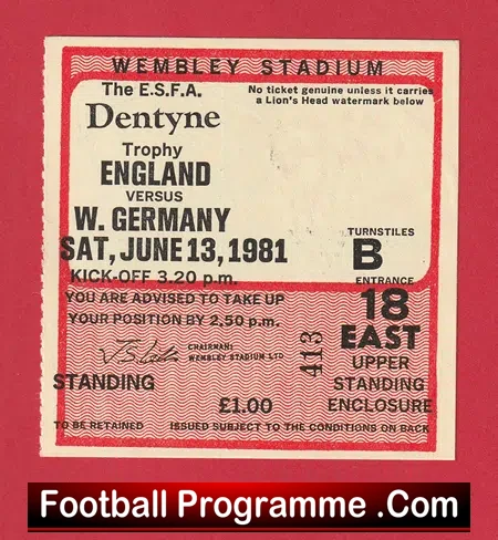 England v Germany 1981 – Football Ticket School Boys Match