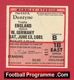 England v Germany 1981 – Football Ticket School Boys Match