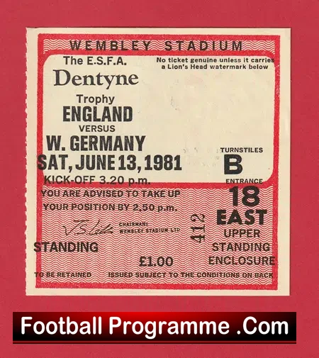England v Germany 1981 – Football Ticket Schoolboys Game
