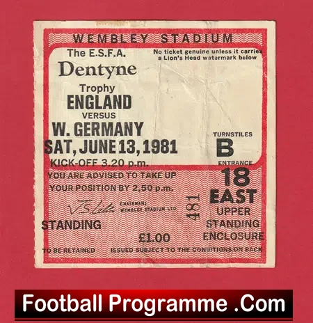 England v Germany 1981 – School Boys Football Ticket