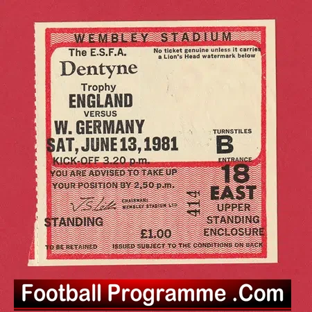 England v Germany 1981 – School Boys Football Ticket