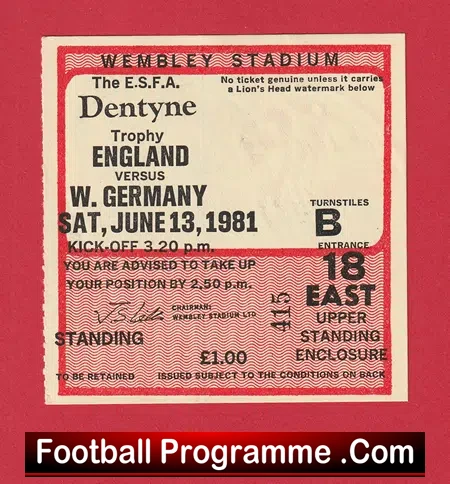 England v Germany 1981 – Schoolboys Football Ticket
