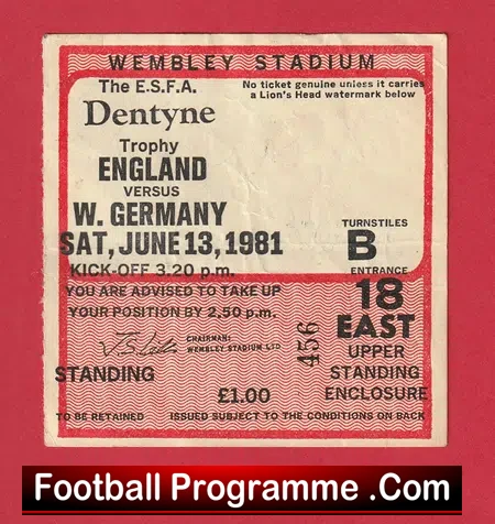 England v Germany 1981 – Schoolboys Football Tickets