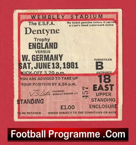 England v Germany 1981 – SchoolBoys Football Tickets