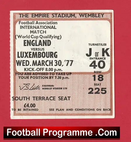 England v Luxembourg 1977 – Football Ticket