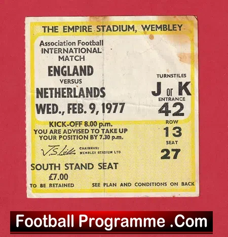 England v Netherlands 1977 – Football Ticket