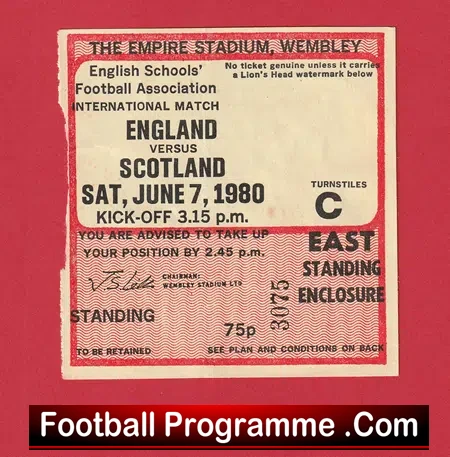 England v Scotland 1980 – School Boys Football Match Ticket