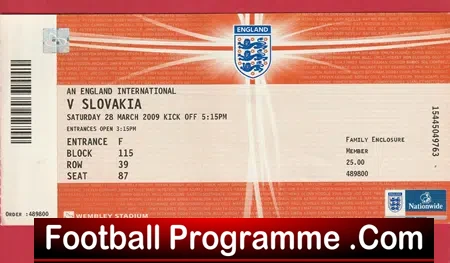 England v Slovakia 2009 – Football Ticket