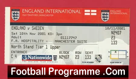 England v Sweden 2001 – Football Ticket