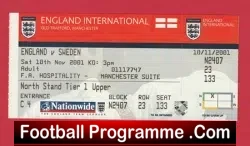 England v Sweden 2001 – Football Ticket