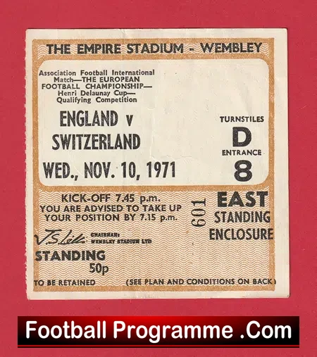 England v Switzerland 1971 – Football Ticket