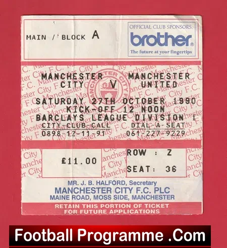 Manchester City v Manchester United 1990 – Match Ticket