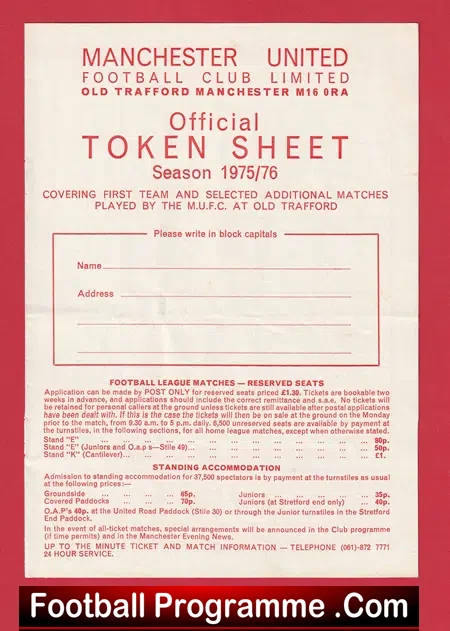 Manchester United Official Token Sheet 1975 – 1976