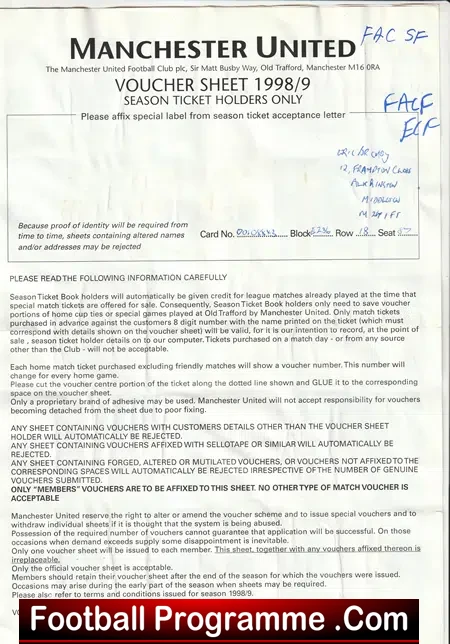 Manchester United Official Token Sheet 1998 – 1999 Treble Season
