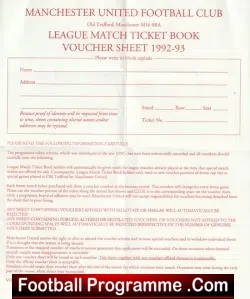 Manchester United Official Token Sheet 1992 - 1993 - football programme