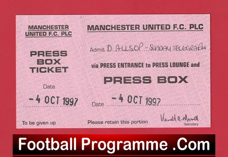 Manchester United v Crystal Palace 1997 – Press Box Ticket Telegraph