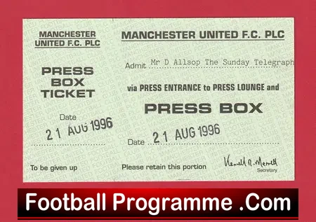 Manchester United v Everton 1996 – Press Box Ticket Telegraph