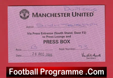 Manchester United v Everton 2003 – Press Box Ticket Telegraph