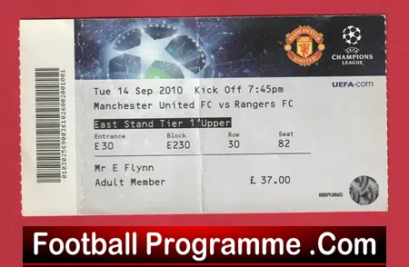 Manchester United v Glasgow Rangers 2010 – Match Ticket