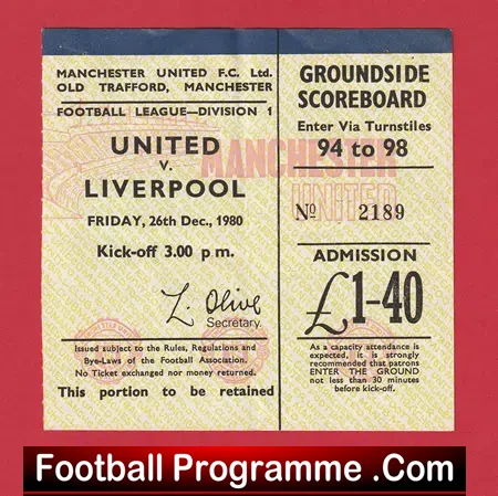 Manchester United v Liverpool 1980 – Man Utd Ticket 1980s