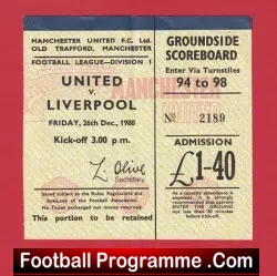 Manchester United v Liverpool 1980 – Man Utd Ticket 1980s