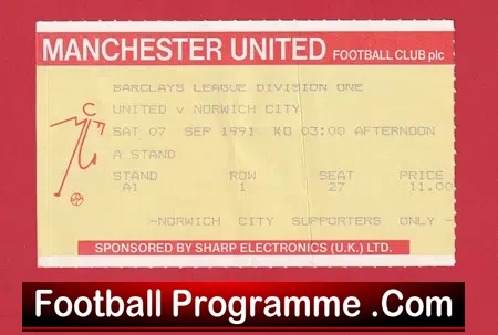 Manchester United v Norwich City 1991 – Football Match Ticket