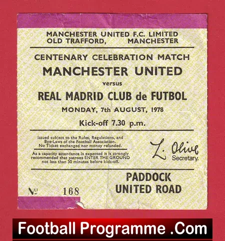 Manchester United v Real Madrid 1978 – Centenary Match Ticket
