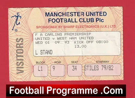 Manchester United v West Ham United 1993 – Football Ticket