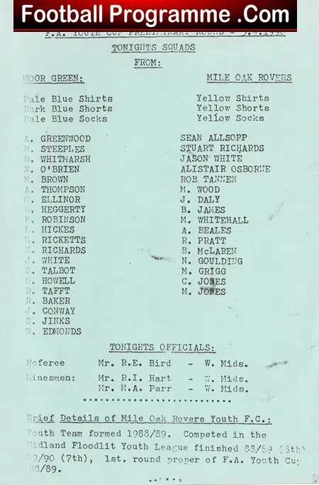 Moor Green v Mile Oak Rovers 1990 - FA Youth Cup