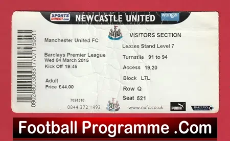Newcastle United v Manchester United 2015 – Match Ticket