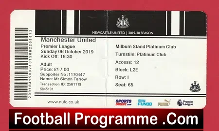 Newcastle United v Manchester United 2019 – Football Ticket
