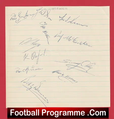 Norwich City Football Club Multi Signed Autographed Sheet 1953 – 1954