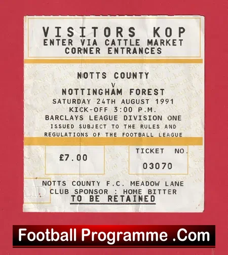 Notts County v Nottingham Forest 1991 –  Football Ticket