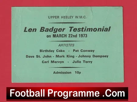 Sheffield United Len Badge Testimonial Benefit Match Meal Ticket 1973