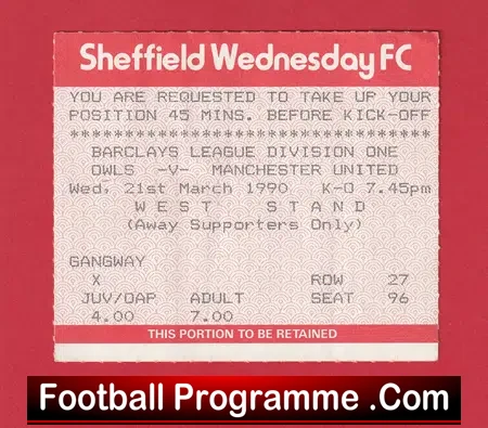 Sheffield Wednesday v Manchester United 1990 – Match Tickets