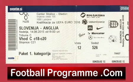 Slovinia v England 2016 – Football Ticket