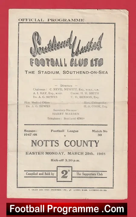 Southend United v Notts County 1948 – 1940s Programmes
