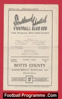 Southend United v Notts County 1948 – 1940s Programmes