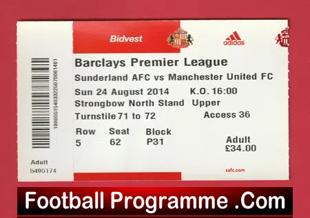Sunderland v Manchester United 2014 – Football Match Ticket