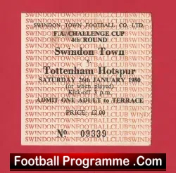 Swindon Town v Tottenham Hotspur 1980 – Football Ticket