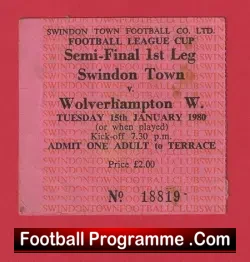 Swindon Town v Wolves 1980 – League Cup Semi Final Match Ticket