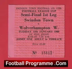 Swindon Town v Wolves 1980 – League Cup Semi Final Match Ticket
