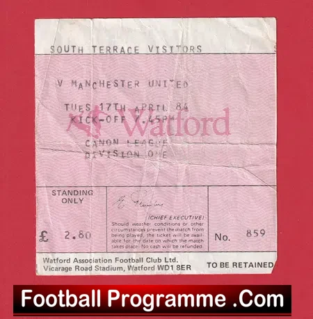 Watford v Manchester United 1984 - Football Ticket