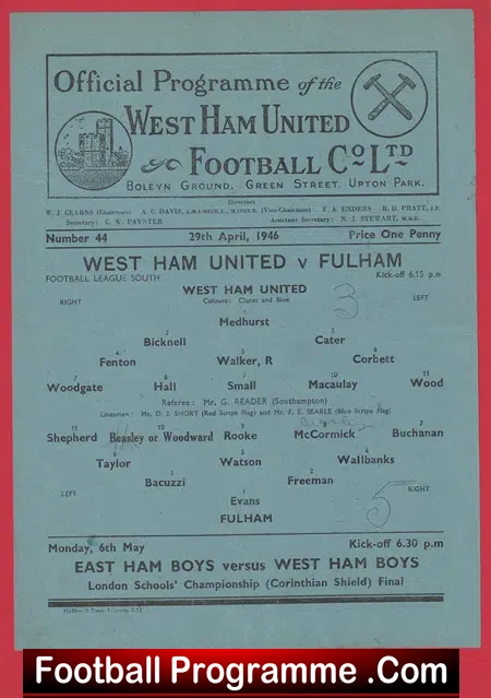 West Ham United v Fulham 1946 – 1940’s Programmes