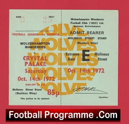 Wolverhampton Wanderers v Crystal Palace 1972 – Unused Football Ticket