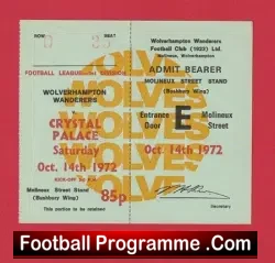 Wolverhampton Wanderers v Crystal Palace 1972 – Unused Football Ticket