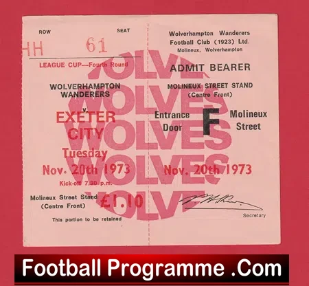 Wolverhampton Wanderers v Exeter City 1973 – Unused Football Ticket