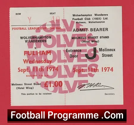 Wolverhampton Wanderers v Fulham 1974 – Unused Football Ticket