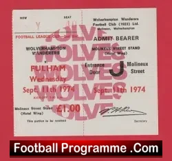 Wolverhampton Wanderers v Fulham 1974 – Unused Football Ticket