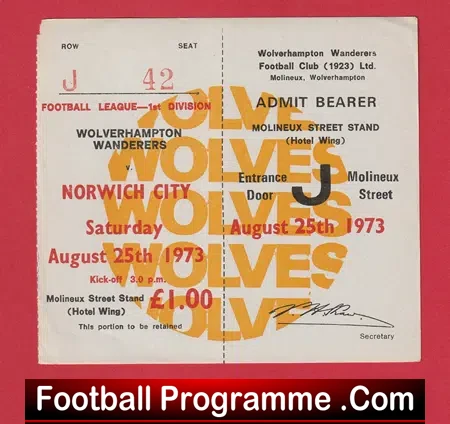 Wolverhampton Wanderers v Norwich City 1973 – Unused Football Ticket